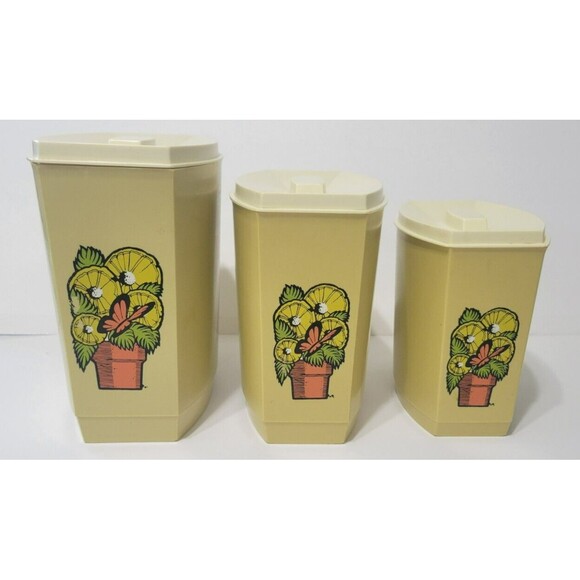 Vintage Mid Century Canister Set Flowers Butterflies Set of 3 Containers W Tops - Picture 1 of 16